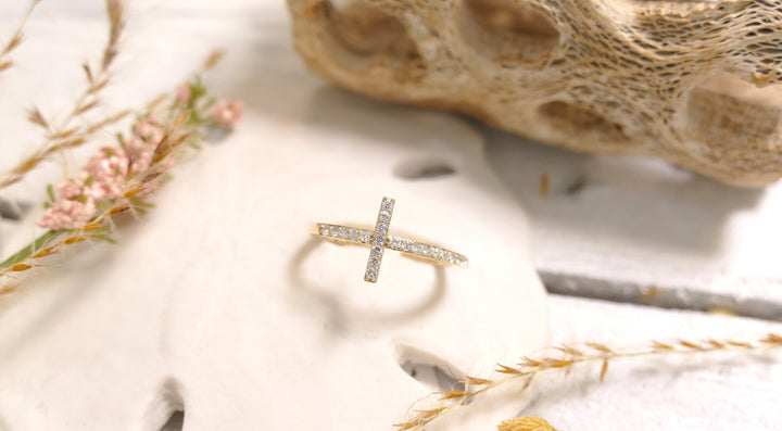 14K Yellow Gold 0.23CT Natural Diamond Cross Ring Size 6.75