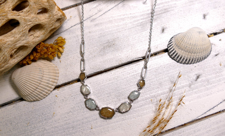 Dune - Sterling Silver - Mother of Pearl - "Rock & Tide" Aquamarine Ocean City Beach Sand Necklace