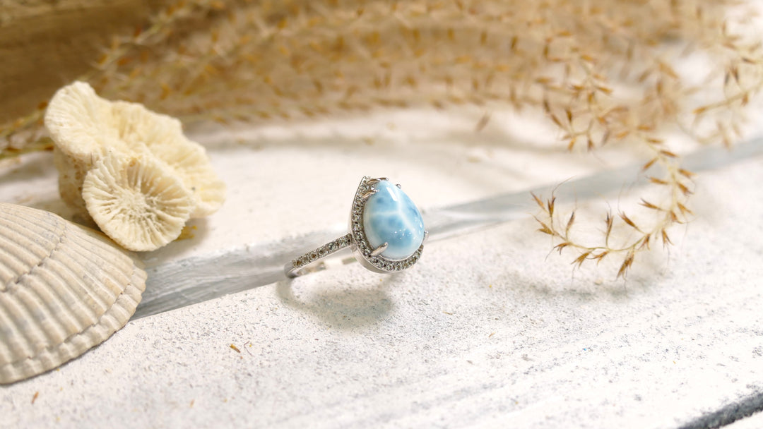 Sterling Silver - Silver CZ Teardrop Larimar Ring 7