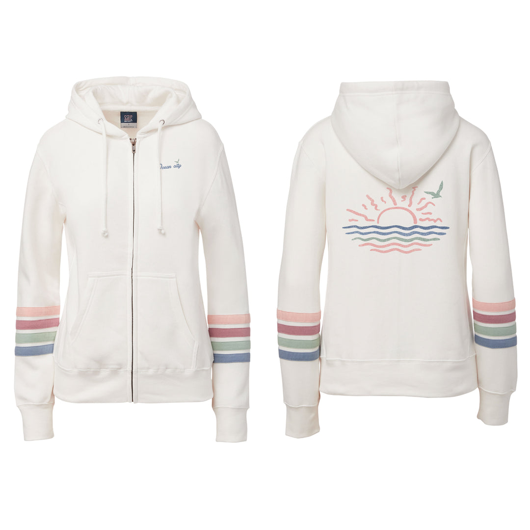 Ocean City Classics - Long Sleeve Full Zip Hooded Pastel Stripe + Sunrays Sweatshirt - Ivory