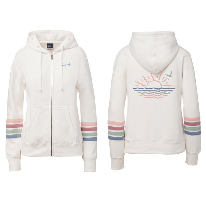 Ocean City Classics - Long Sleeve Full Zip Hooded Pastel Stripe + Sunrays Sweatshirt - Ivory