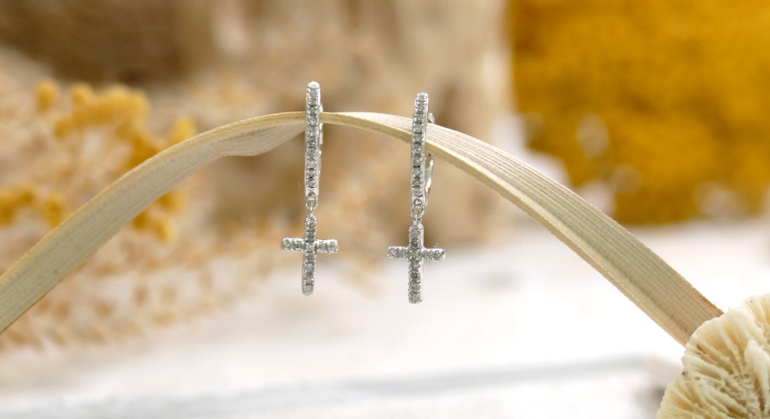 10k White Gold 0.20ct Diamonds Cross Small Hoop With Dangle Earrings