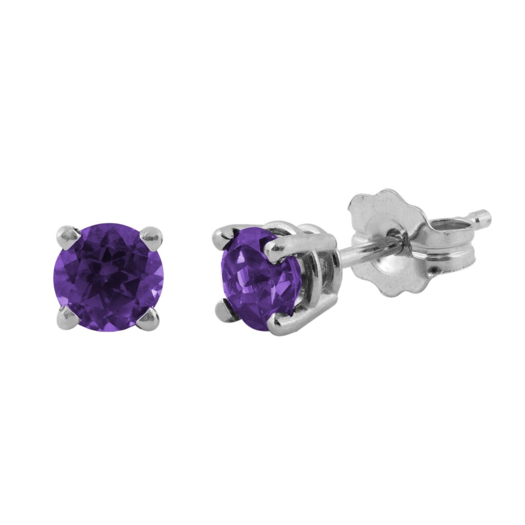 14k - White Gold Birthstone 4MM Round Amethyst Stud Earrings