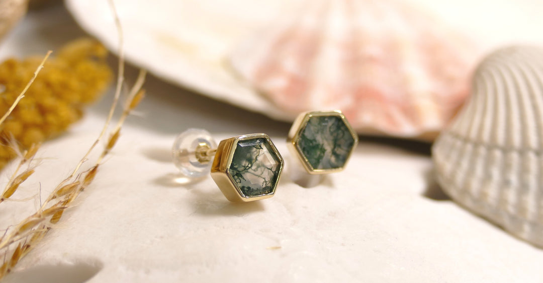 14k Yellow Gold Hexagon Moss Agate Stud Earrings