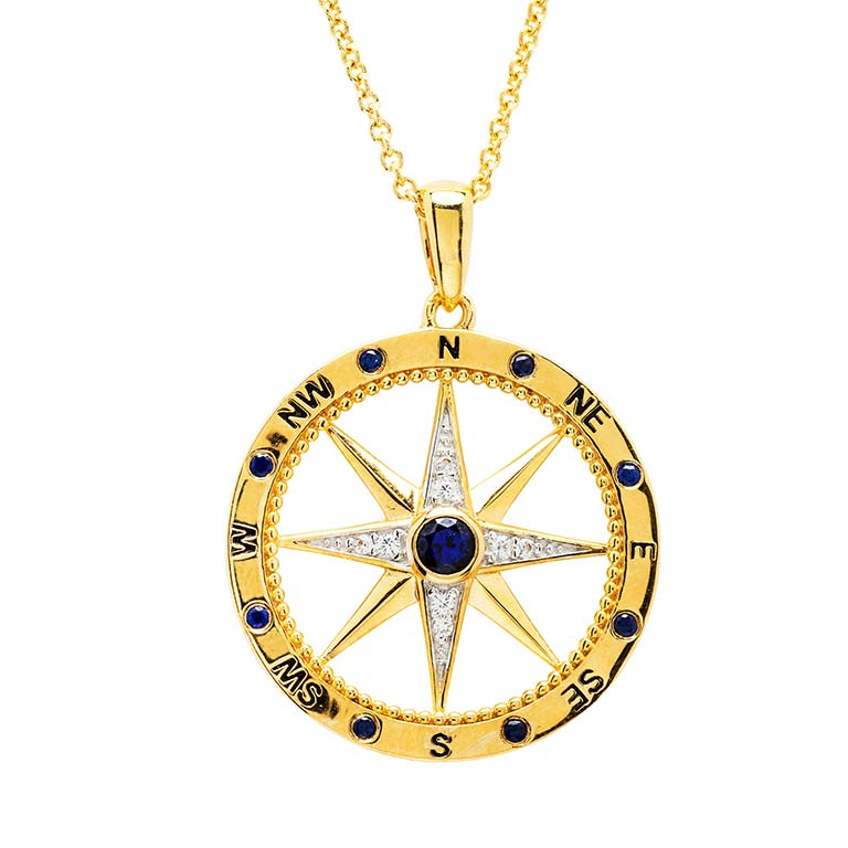 Ocean - Sterling Silver - Gold Vermeil Lab Grown Sapphire Round 18" Compass Necklace