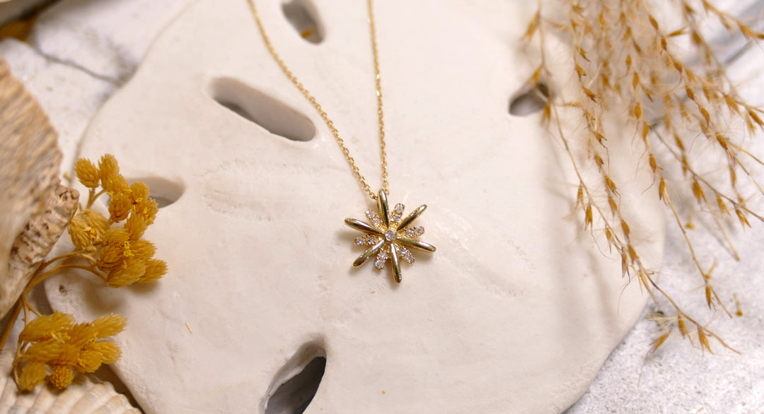 14k Yellow Gold Diamond Sunburst Sun Necklace