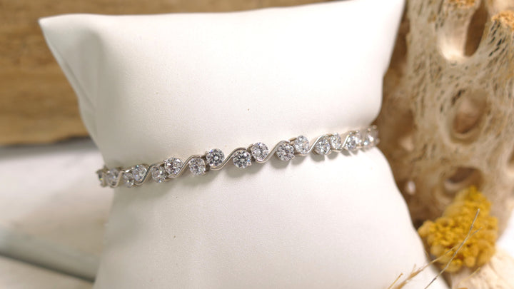 Sterling Silver - Platinum - Double Stone - Wave Simulated Diamonds Bracelet (7.25")