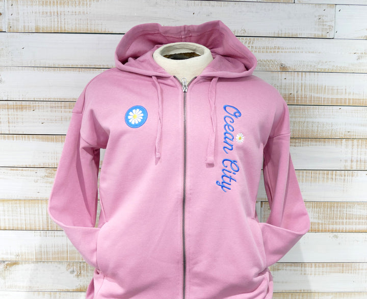 GEAR - Long Sleeve Full Zip Hooded Daisy Flower Sweatshirt - Dusty Rose
