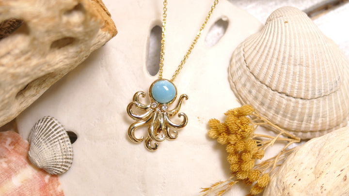 14k - Yellow Gold Octopus Larimar Pendant