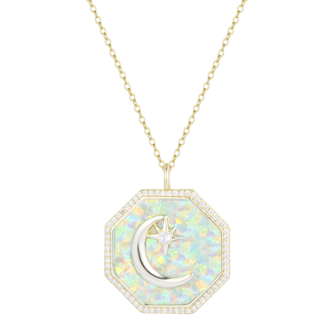 Kamaria - Sterling Silver - 14K Gold Plated Medallion - White Opal Crystal Octagon Adjust. 18" Moon Necklace