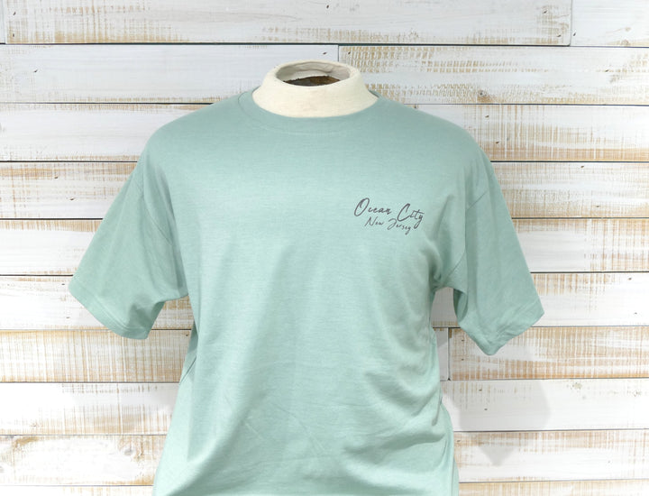 Ocean City Classics - Short Sleeve Beach Scene T-Shirt - Sage Green