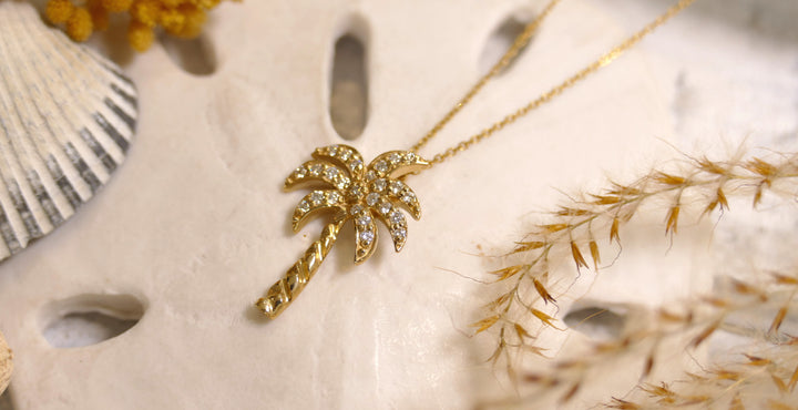 14k - Yellow Gold 0.25ct Natural Diamond Palm Tree Pendant (18" Chain)