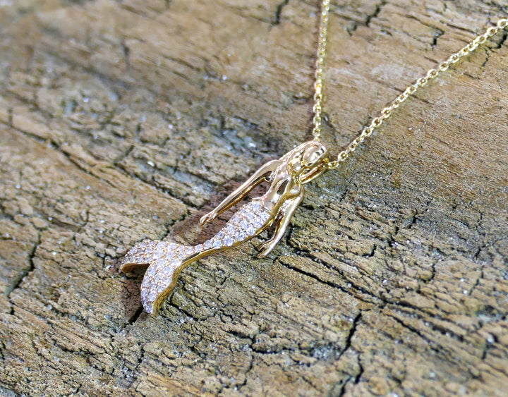 14k Yellow Gold 0.17ct. Natural Diamond 18" Mermaid Pendant