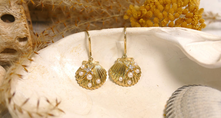 14k - Yellow Gold Starfish + Cultured Pearls 0.08ct Natural Diamond Shell Dangle Earrings