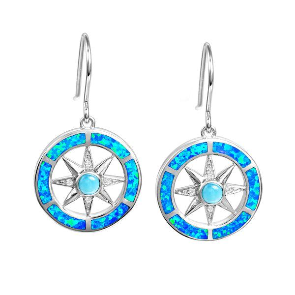 Sterling Silver - Larimar Round Dangle Compass Earrings