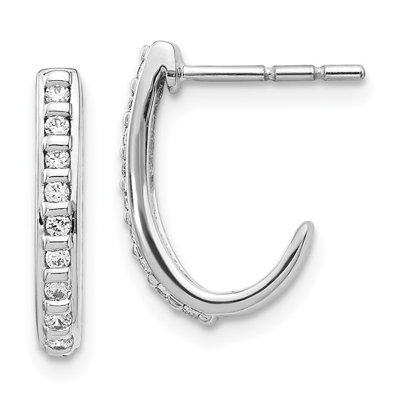 14k White Gold Diamonds J-Style Small Hoop Post Earrings