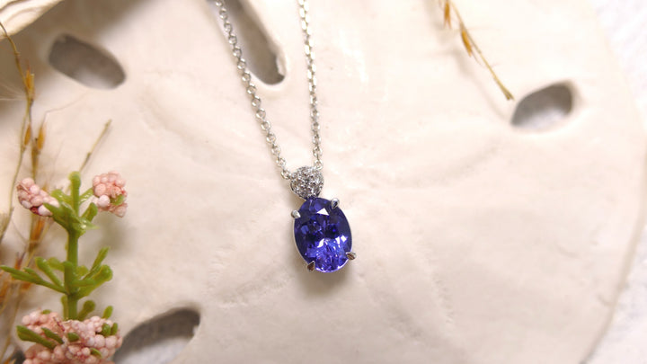 14k White Gold Accent Round Pave Diamond .03ctw Tanzanite Oval Pendant