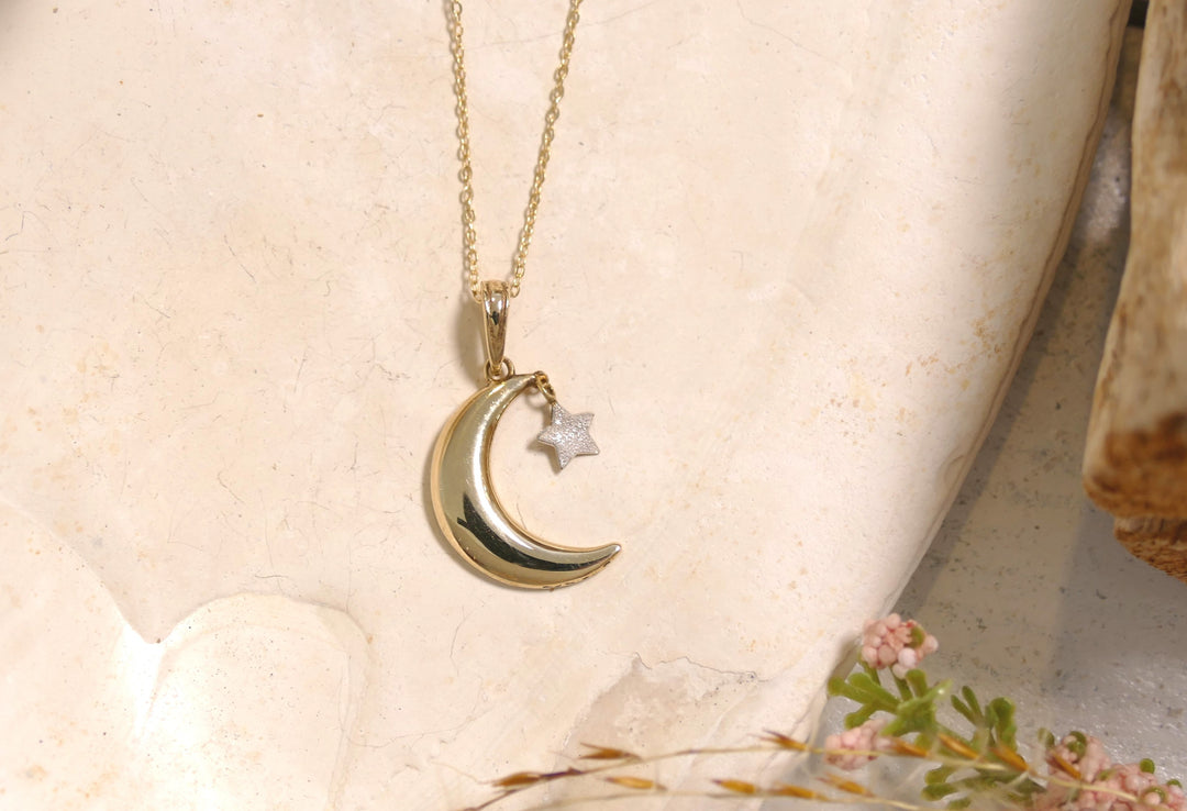 14k - Yellow Gold Crescent Moon + Star Charm Necklace