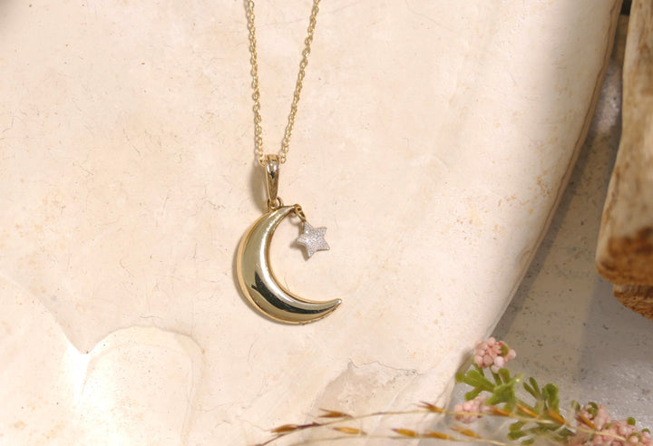 14k - Yellow Gold Crescent Moon + Star Charm Necklace