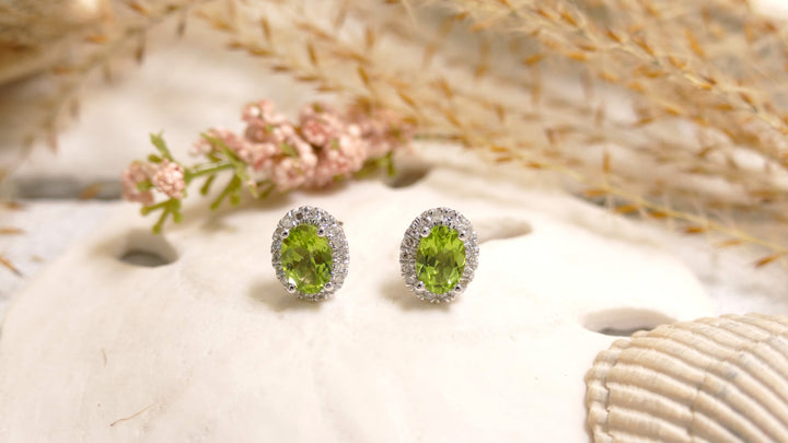 14k White Gold Oval 0.28ct Peridot Diamond Halo Stud Earrings