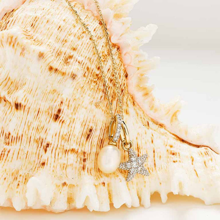 Ocean - 14k - Yellow Gold Freshwater Pearl Lab Grown Diamond Starfish Dangle Necklace