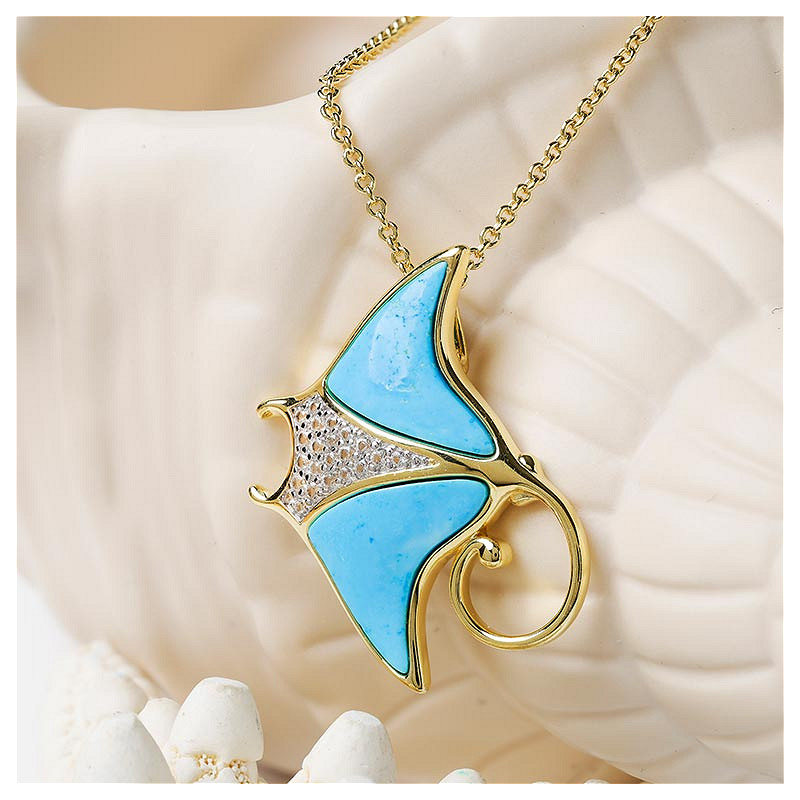 Ocean - 14k Gold Vermeil Sting Ray Turquoise Sea Life Necklace Adjustable 20" Chain