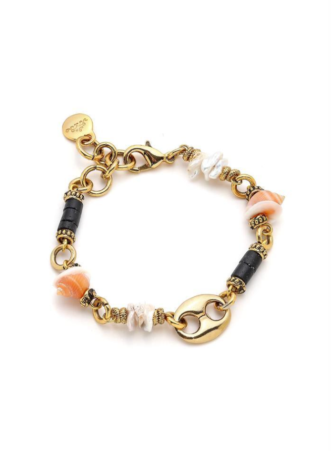 Adriana Pappas - Brass - Gold "Mariner" (Black + Orange) Shell Link Bracelet