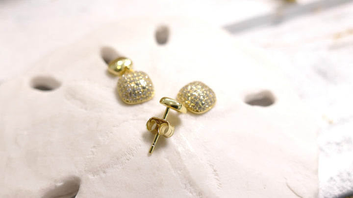 Sterling Silver - 14K Gold Plated Double Square - Stud Cubic Zirconia Drop Earrings