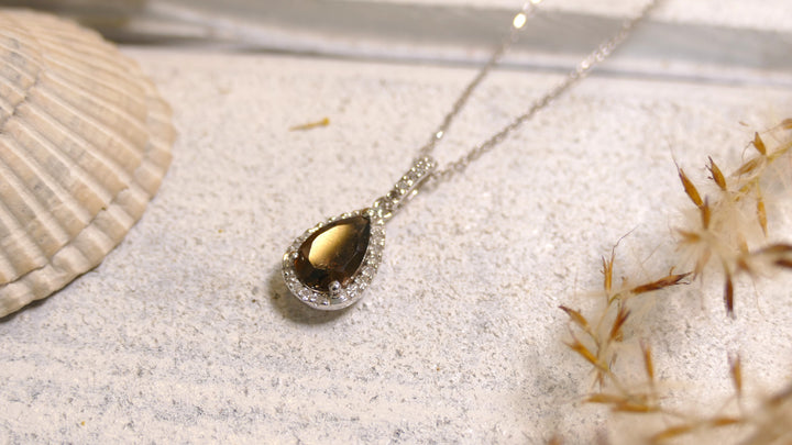 14k White Gold Diamond Halo 0.07ct Smoky Quartz Pear Necklace