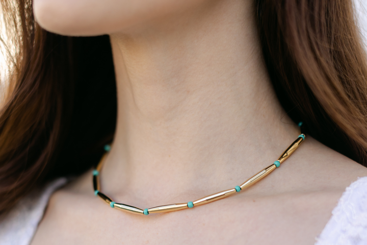 Adriana Pappas - Brass - 14K Gold Plated - Turquoise & Tubes - Glass Bead Necklace 16-20"