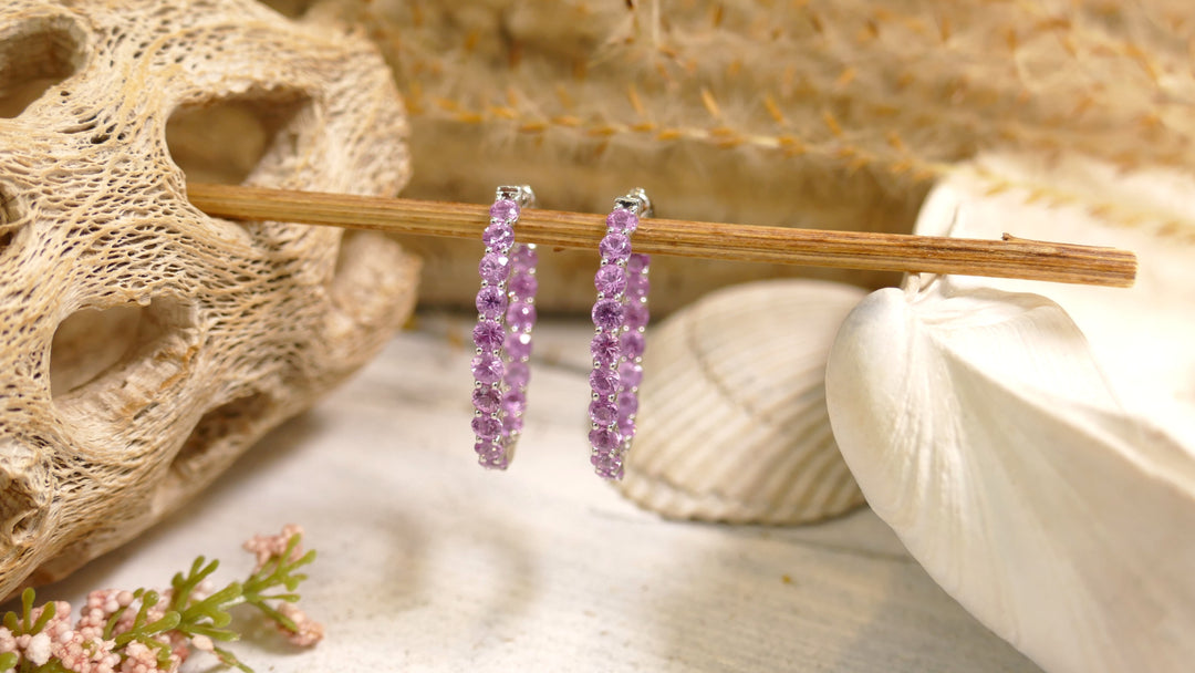 14k White Gold Oval Pink Sapphire In & Out Hoop Earrings