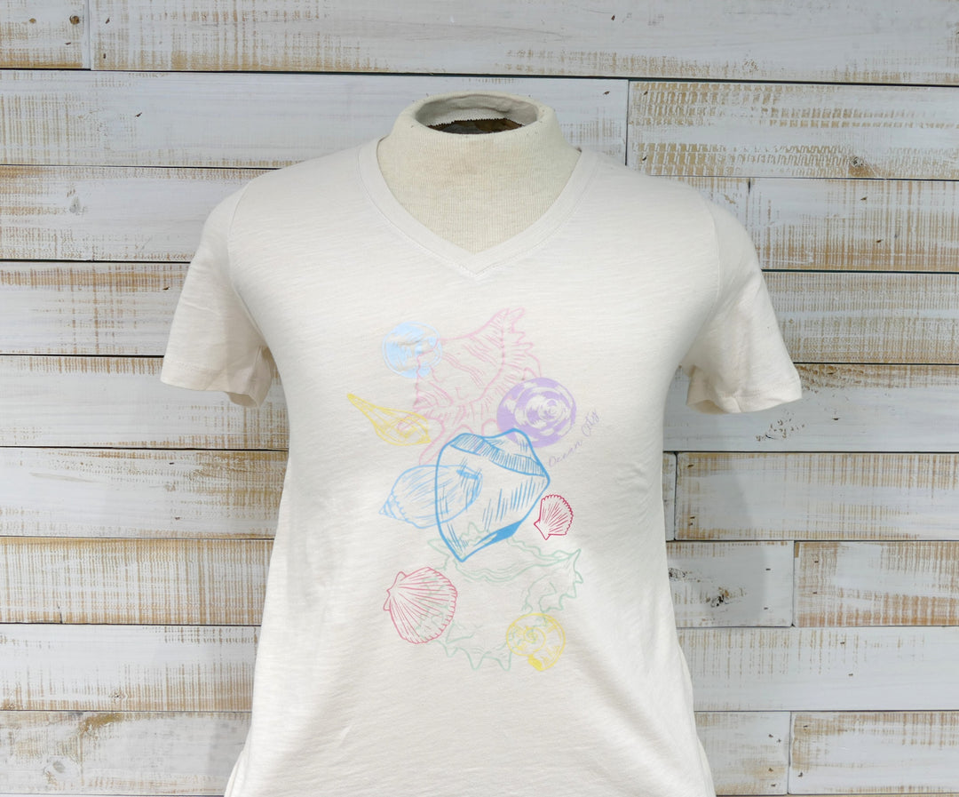 Short Sleeve V-Neck Pastel Seashells T-Shirt - Ivory