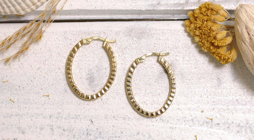 14k Yellow Gold Oval - Diamond Cut Hoop Earrings