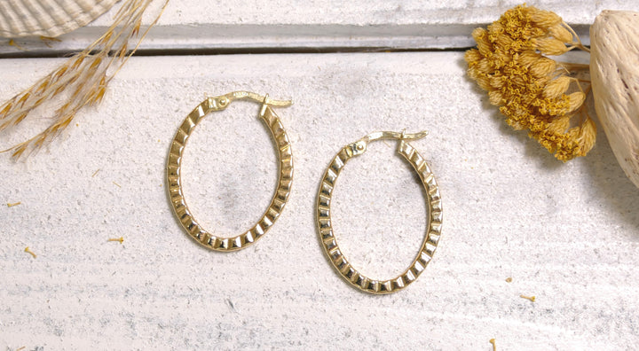 14k Yellow Gold Oval - Diamond Cut Hoop Earrings