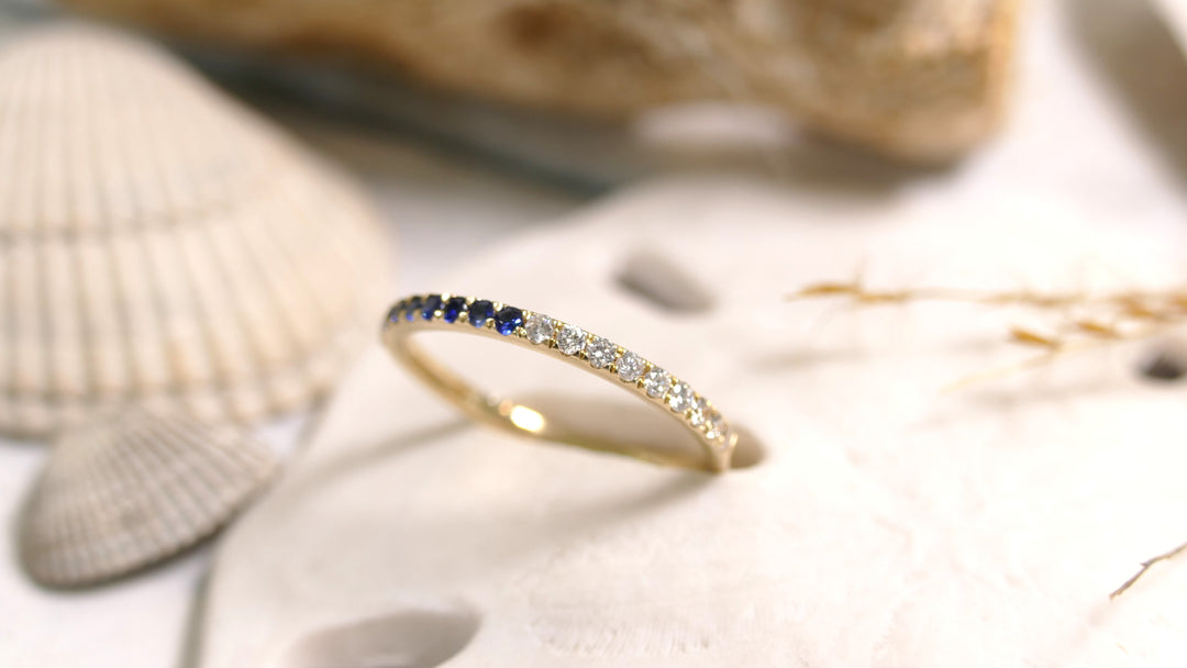 14k Yellow Gold Sapphire Band Half & Half Diamond Ring (Size 7)