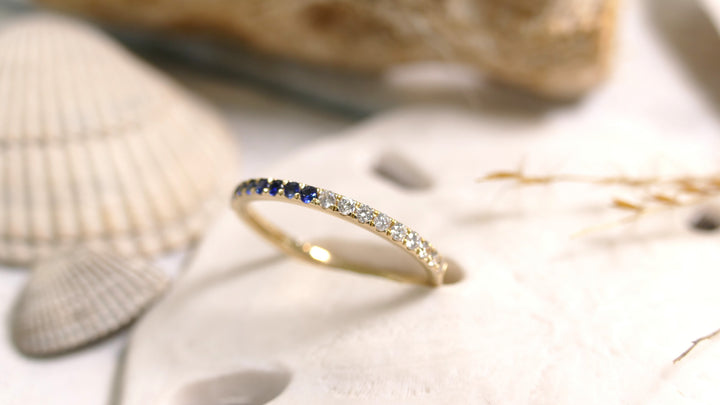 14k Yellow Gold Sapphire Band Half & Half Diamond Ring (Size 7)