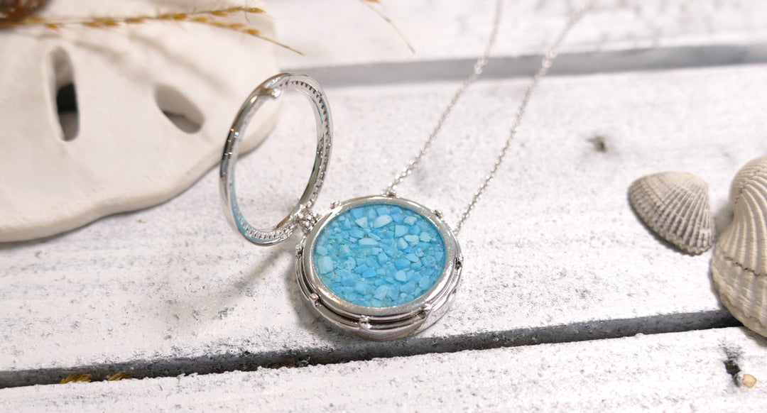 Dune - Sterling Silver - Silver Locket - Turquoise & Sand Round Natural Diamond Necklace