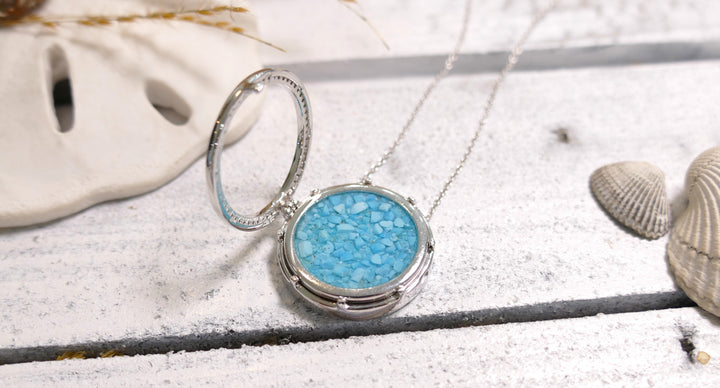 Dune - Sterling Silver - Silver Locket - Turquoise & Sand Round Natural Diamond Necklace