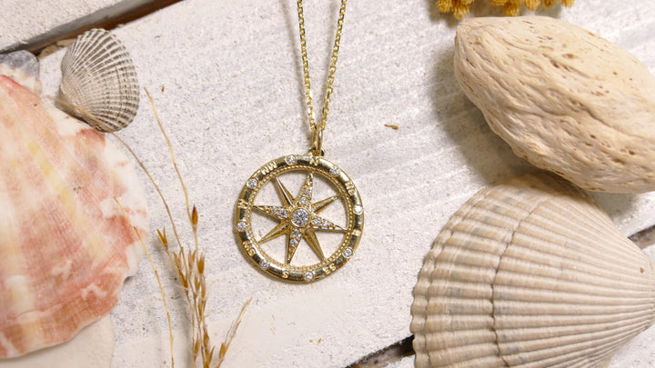 14k Yellow Gold Compass 0.15ct Diamond Necklace