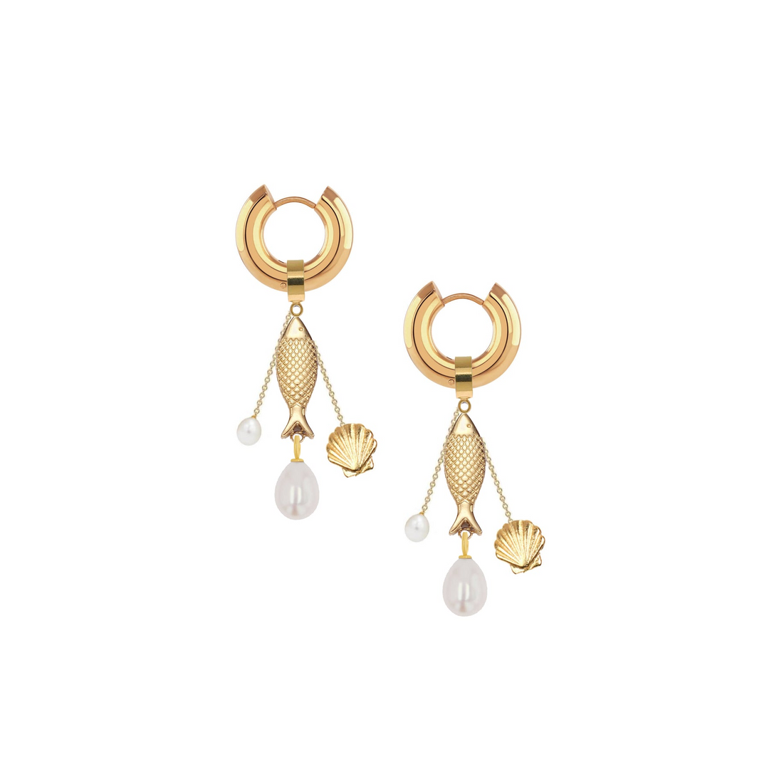 Adriana Pappas - - 14K Gold Filled - Fish Charm - Freshwater Pearl Shell Dangle Earrings