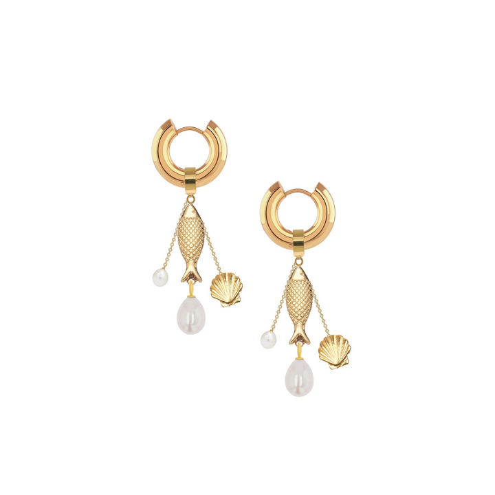 Adriana Pappas - - 14K Gold Filled - Fish Charm - Freshwater Pearl Shell Dangle Earrings