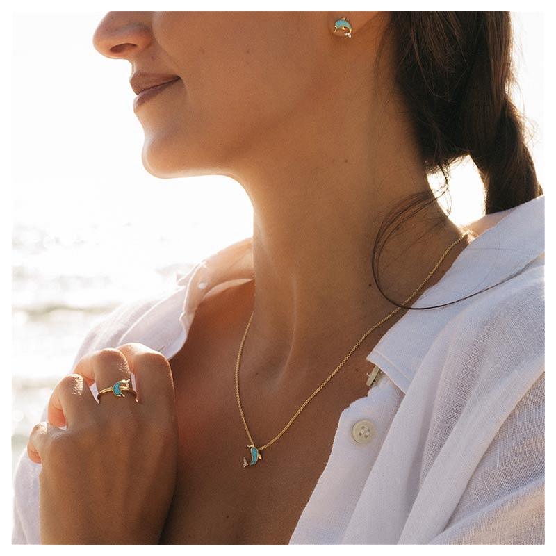 Ocean - Sterling Silver - Gold Vermeil Crystal Turquoise Dolphin Necklace