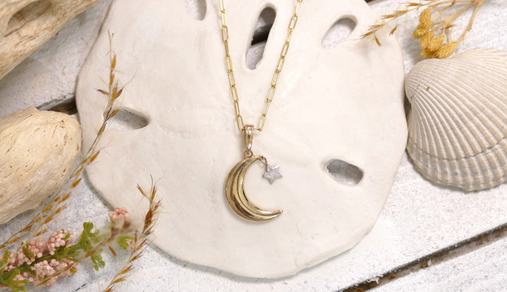 14k - Yellow Gold Crescent Moon + Star Charm Necklace