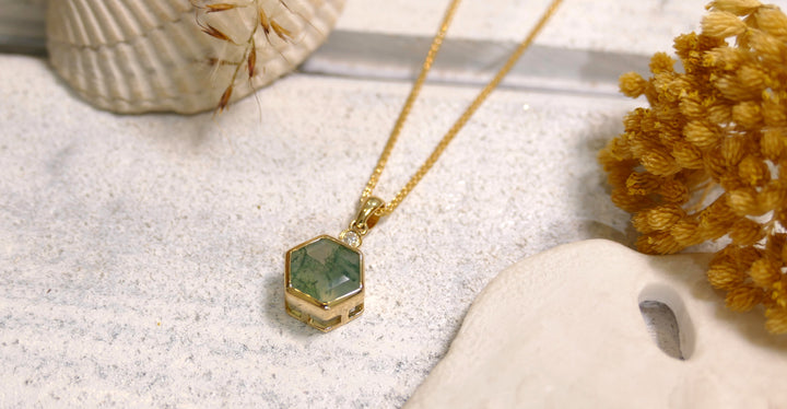 14k Yellow Gold 1.6ct + Diamond .05ct Moss Agate Hexagon Pendant