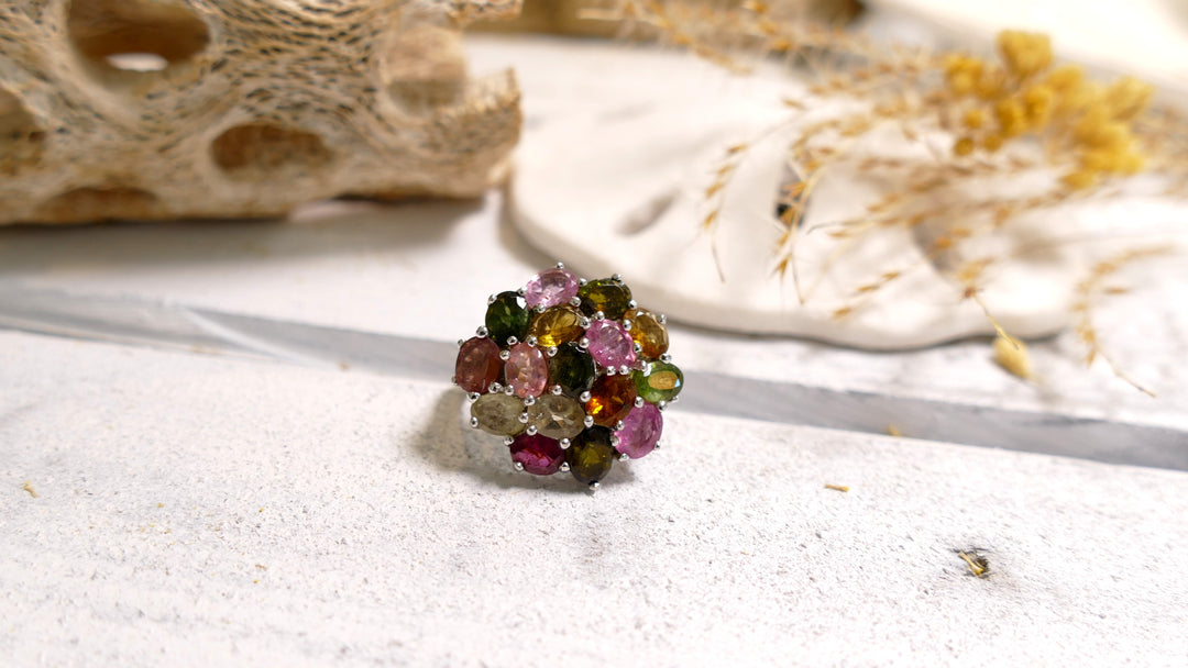 Sterling Silver - Silver Amethyst, Pink Tourm, Citrine, Chrysolite Statement Ring (Size 6)