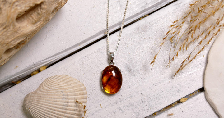 Sterling Silver - Silver Oval Amber Pendant