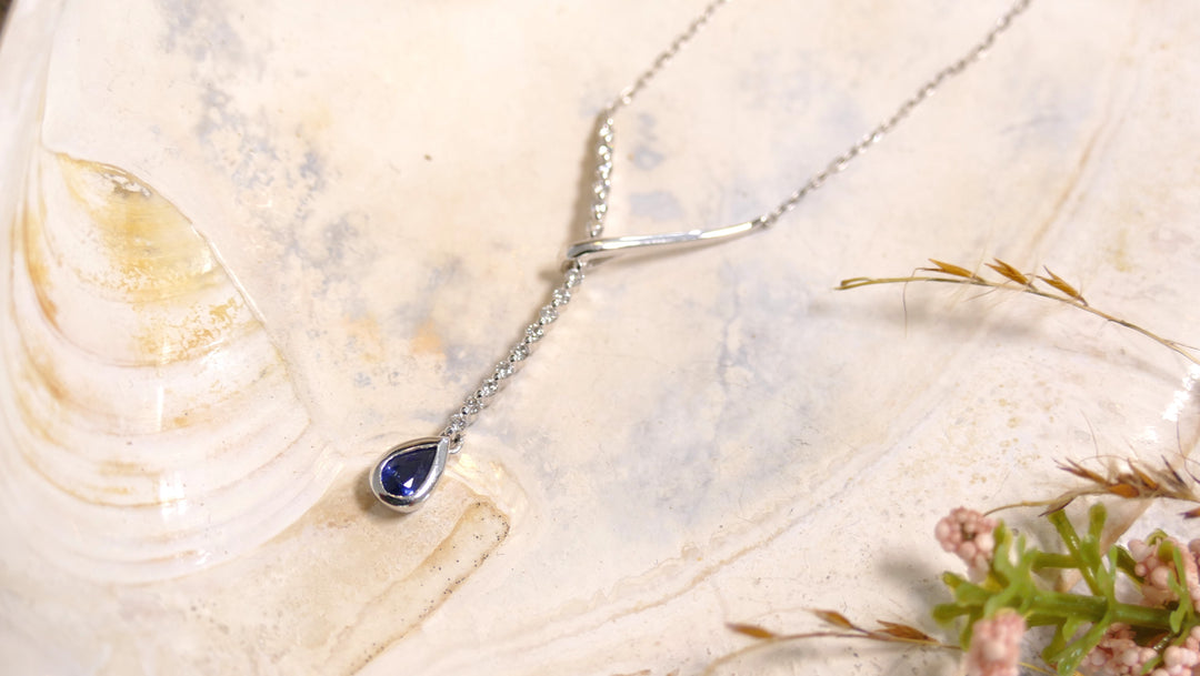 14k White Gold Diamond 0.15ct + Blue Sapphire 0.24ct Curved Bar + Teardrop Necklace