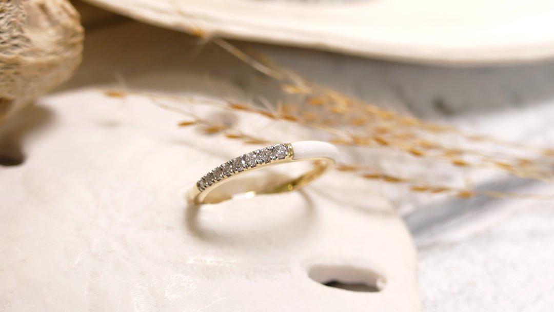 14K Yellow Gold Half & Half - White Enamel .12ct Natural Diamond Ring (Size 7)