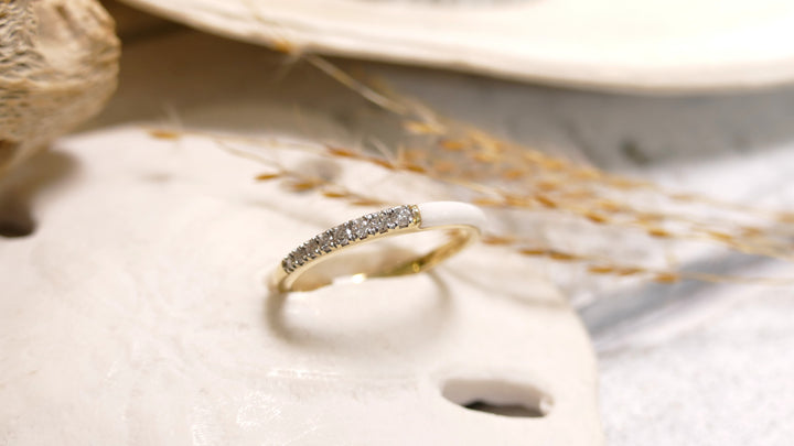 14K Yellow Gold Half & Half - White Enamel .12ct Natural Diamond Ring (Size 7)