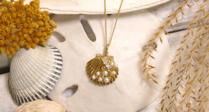 14k - Yellow Gold Starfish + Cultured Pearls .42ct Natural Diamond Shell Necklace (18" Chain)